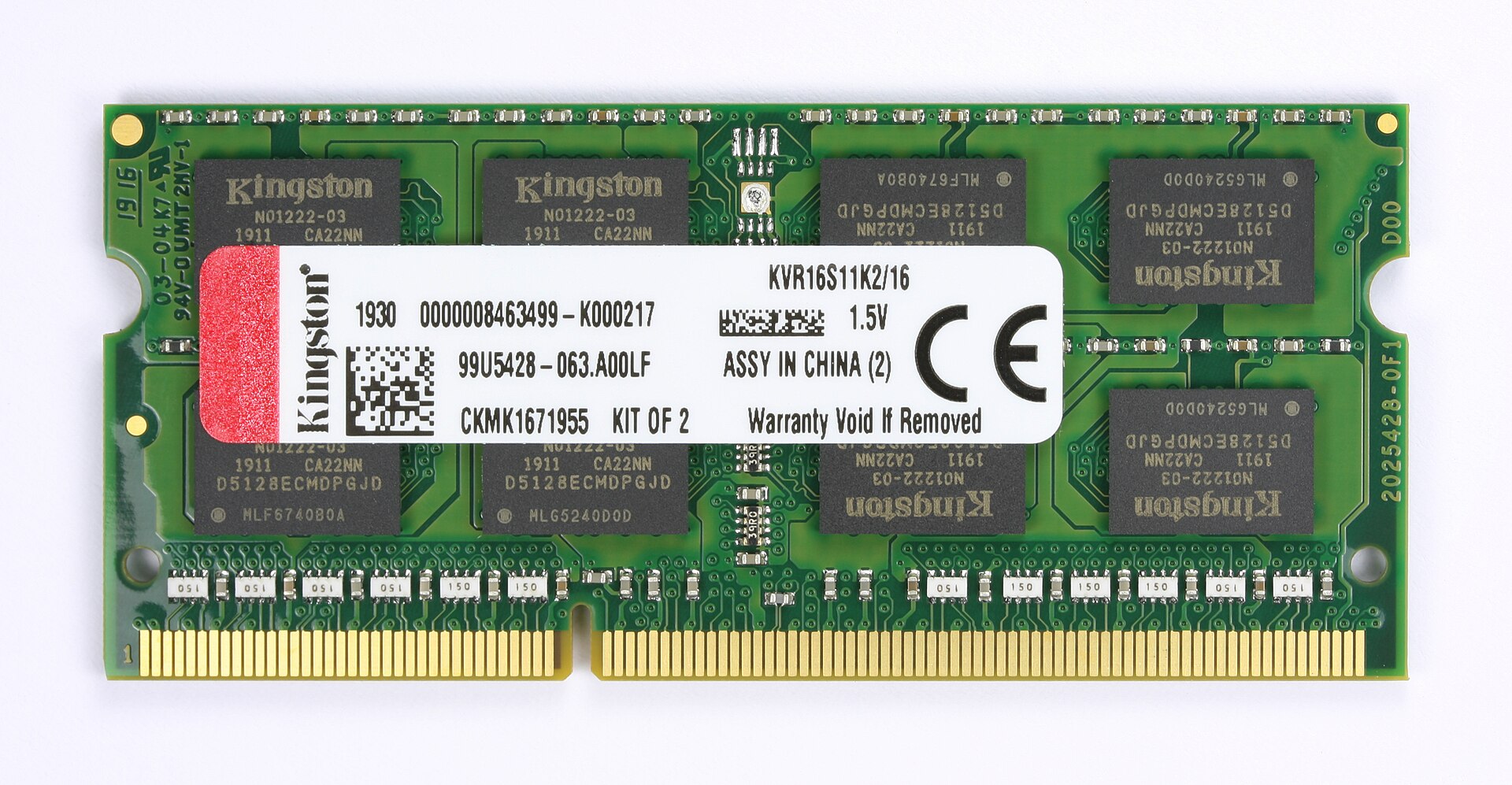A green Kingston memory module with black chips and gold contacts.