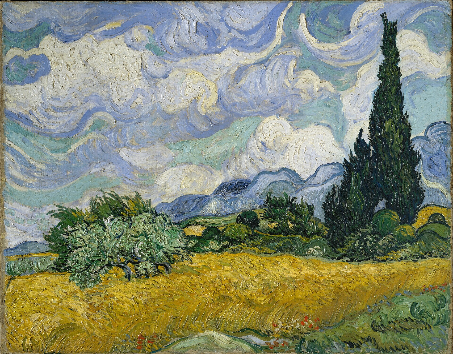 Van Gogh painting of a golden wheat field swaying beneath swirling clouds, with dark cypresses and olive trees at its edge.
