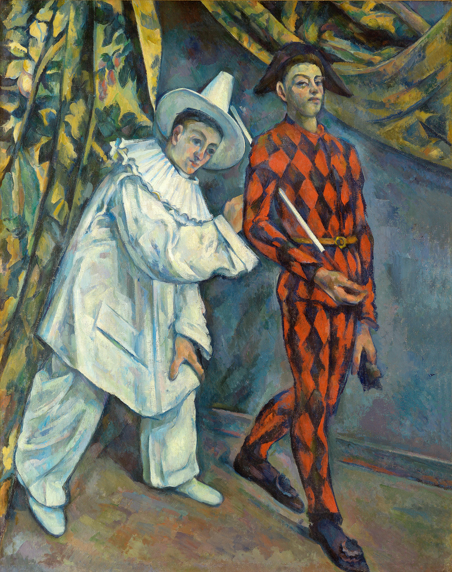 Paul Cézanne’s painting of Pierrot in white and Harlequin in a diamond-patterned costume standing beside one another before a curtain.