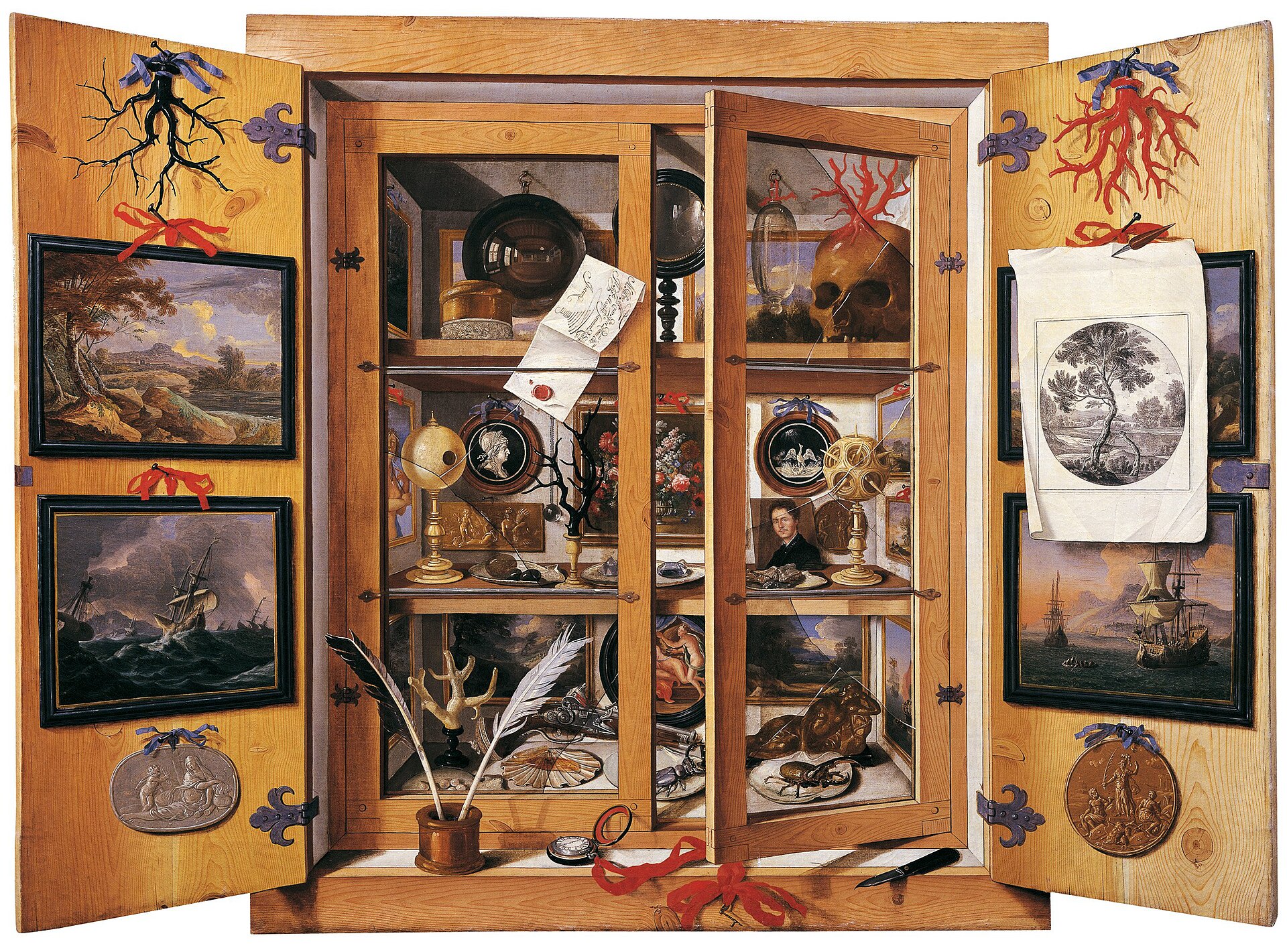 A trompe-l'oeil painting of a display cabinet with open glass doors, its shelves crowded with curiosities, prints, and instruments.