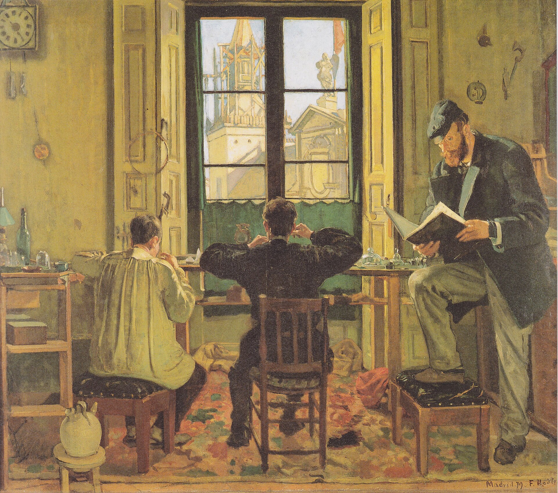 In Ferdinand Hodler's 1879 oil painting, two watchmakers work at a bench facing the window of a Madrid workshop while a third man stands reading a thick book, a wall clock hanging on the left wall.