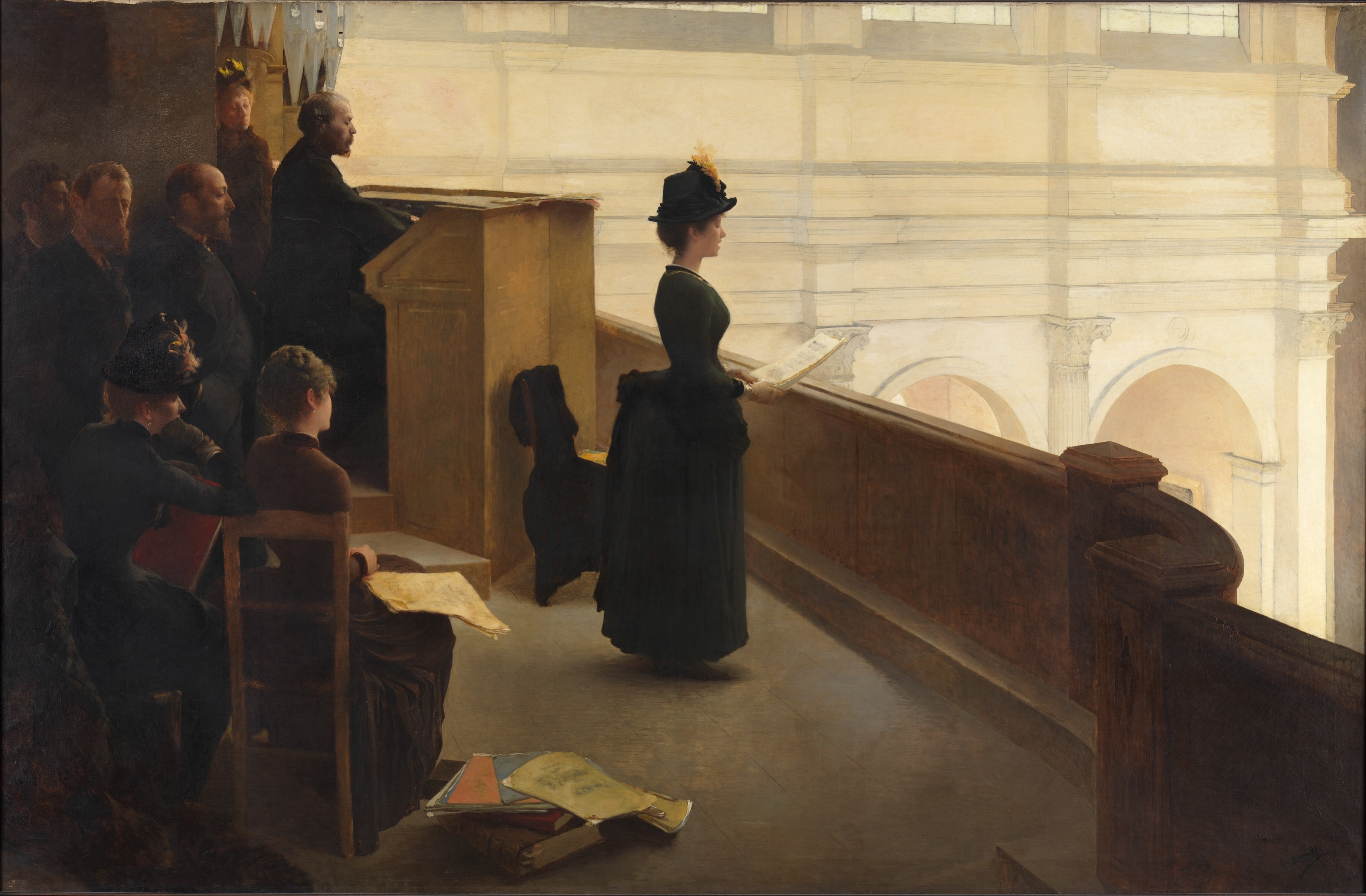 Henry Lerolle's painting of a singer and seated musicians gathered beside an organ in a bright church loft.