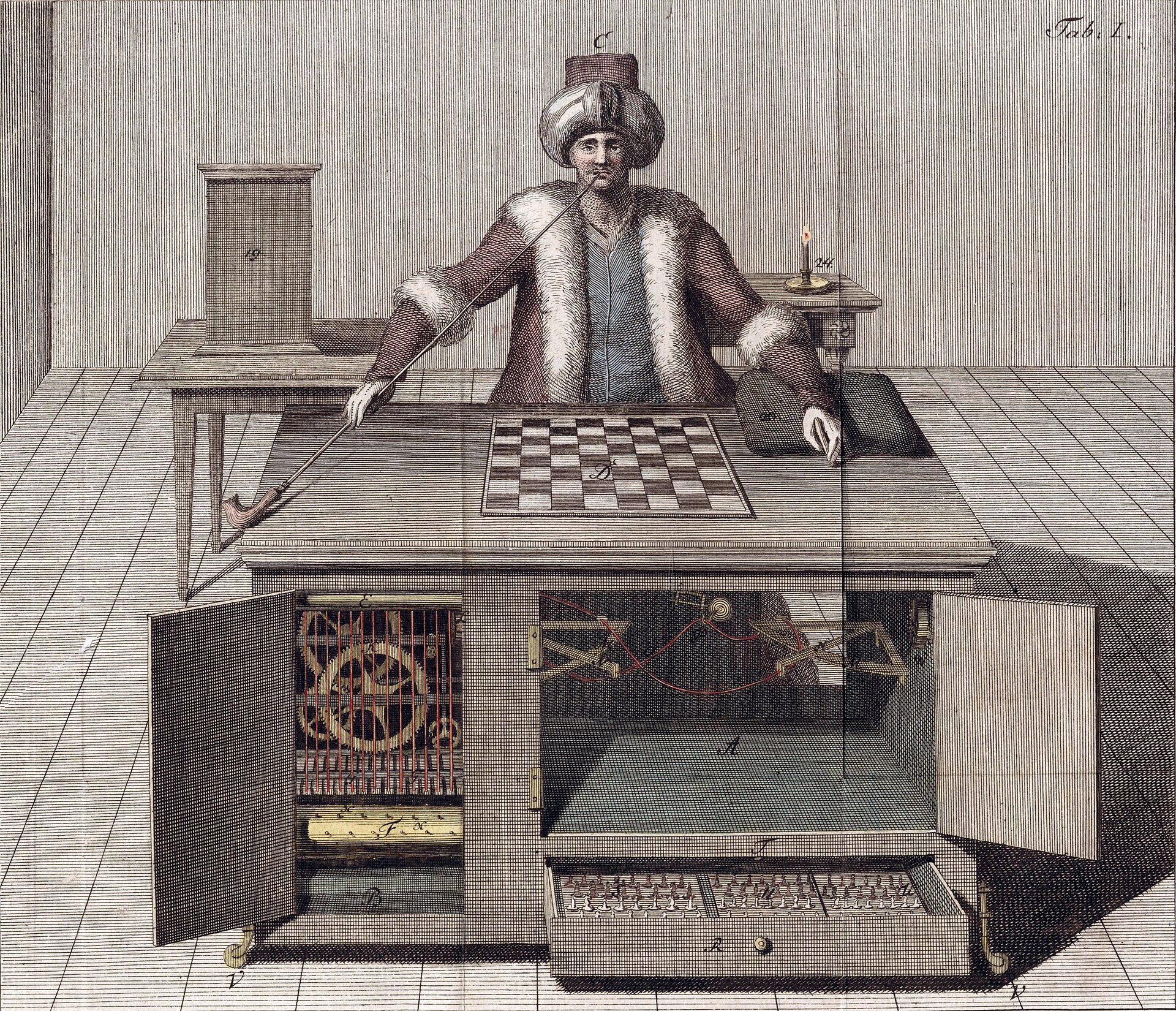 Hand-colored engraving of the Mechanical Turk chess automaton, a turbaned figure seated behind a chessboard with the cabinet doors open to reveal clockwork inside.